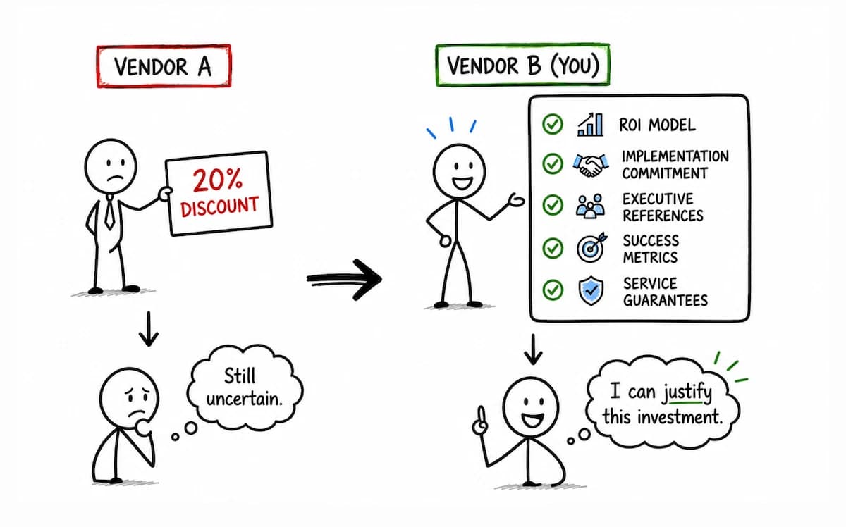 Comic illustration showing that the goal isn't to become the cheapest vendor but the safest investment.