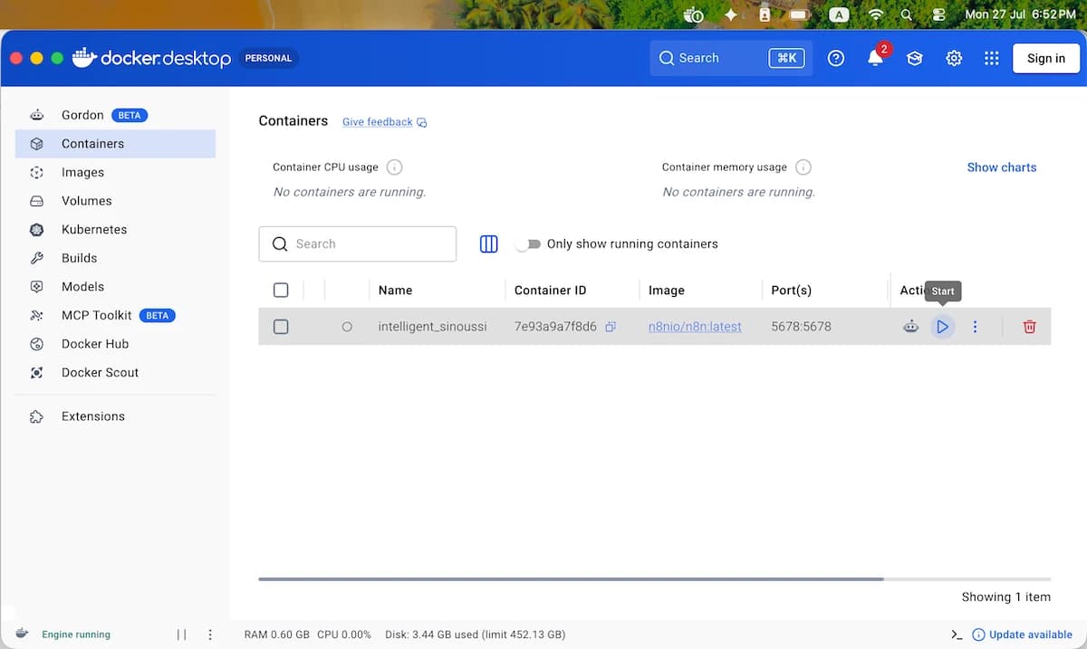Docker Desktop showing the stopped n8n container