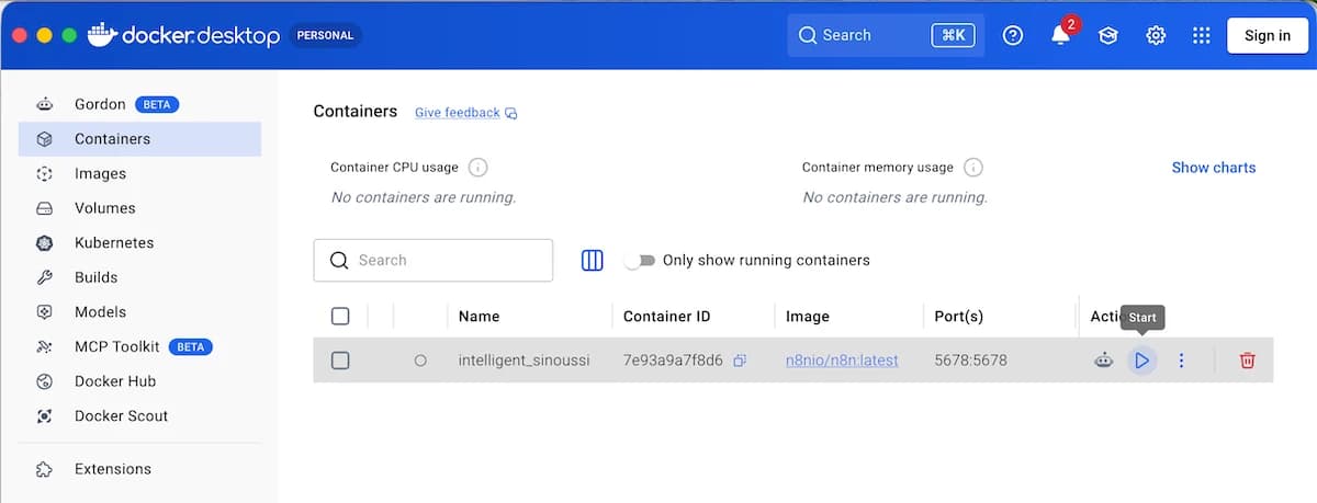 Docker Desktop showing the stopped n8n container