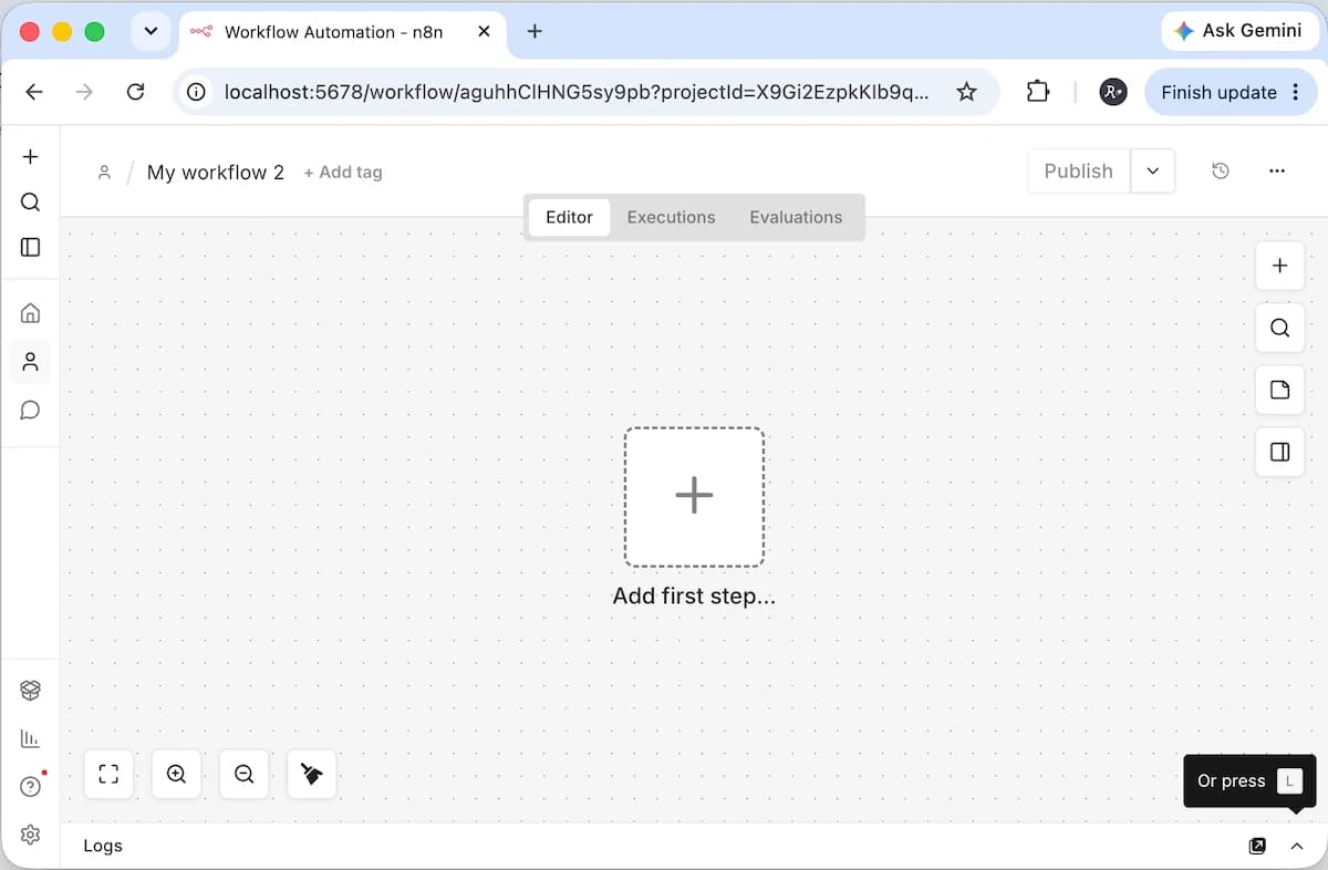 Empty n8n workflow canvas