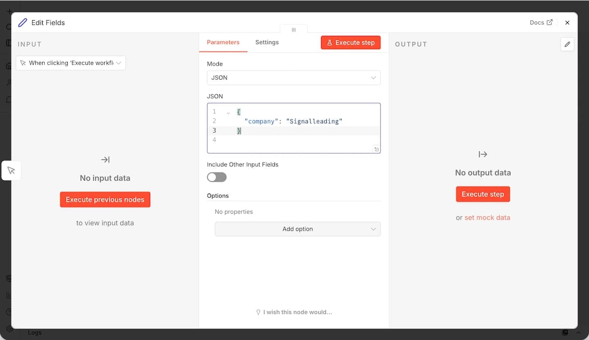 Configure the Edit Fields node