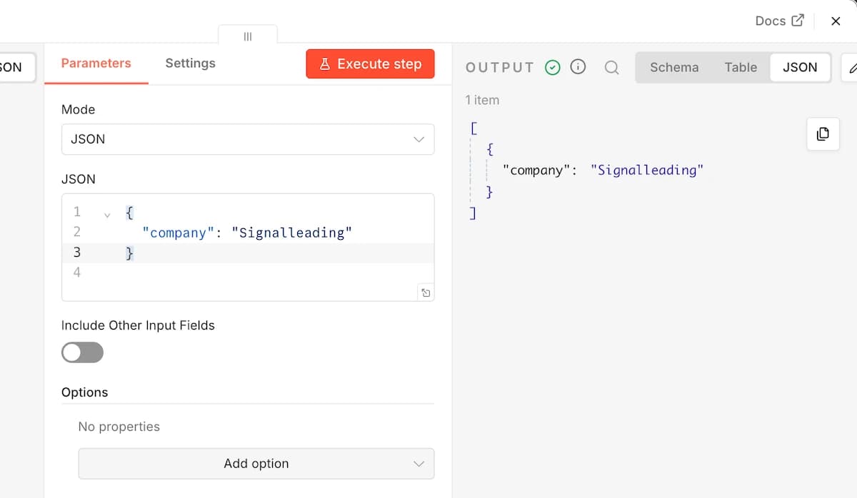 Output from the Edit Fields node