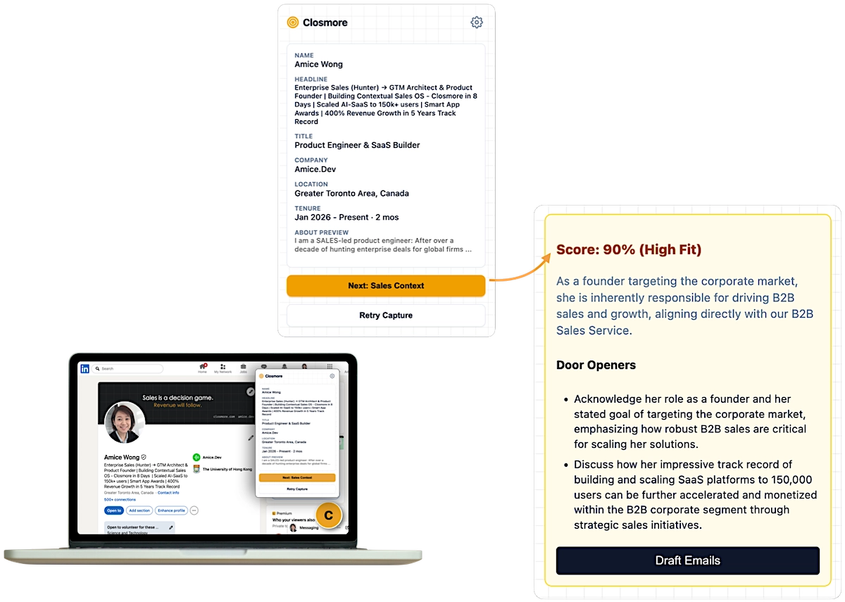 Closmore Chrome Extension in action